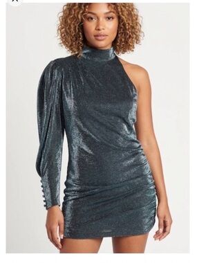 One-Shoulder Shimmer Mini Dress in Teal XS